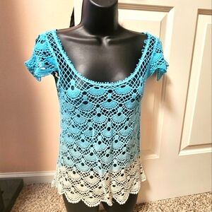 Body Central Blue and White Crochet Ombre Top